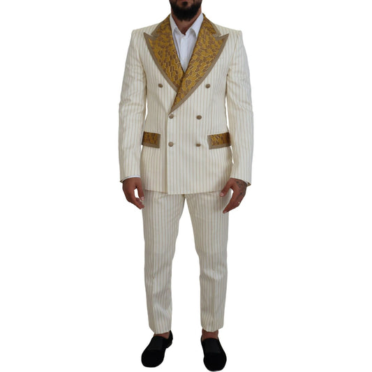 Dolce & Gabbana Off White Gold Striped Tuxedo Slim Fit Suit 1% Metal,1% Nylon,13% Silk,15% Polyester,1728,67345645728,Clothing,Dolce & Gabbana,IT46 | S,IT48 | M,Material: 70% Cotton,Men,Men - Clothing,New with tags,Off White,Suits & Blazers - Clothing,Sui
