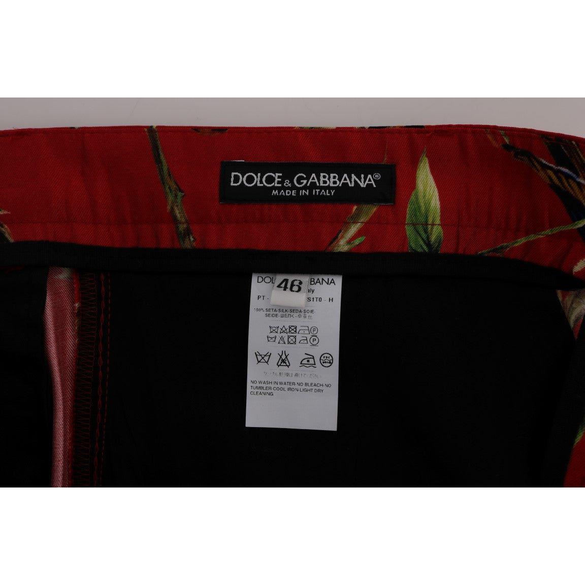 Dolce & Gabbana Elegant Silk Dress Trousers in Red Bird Print Dolce & Gabbana