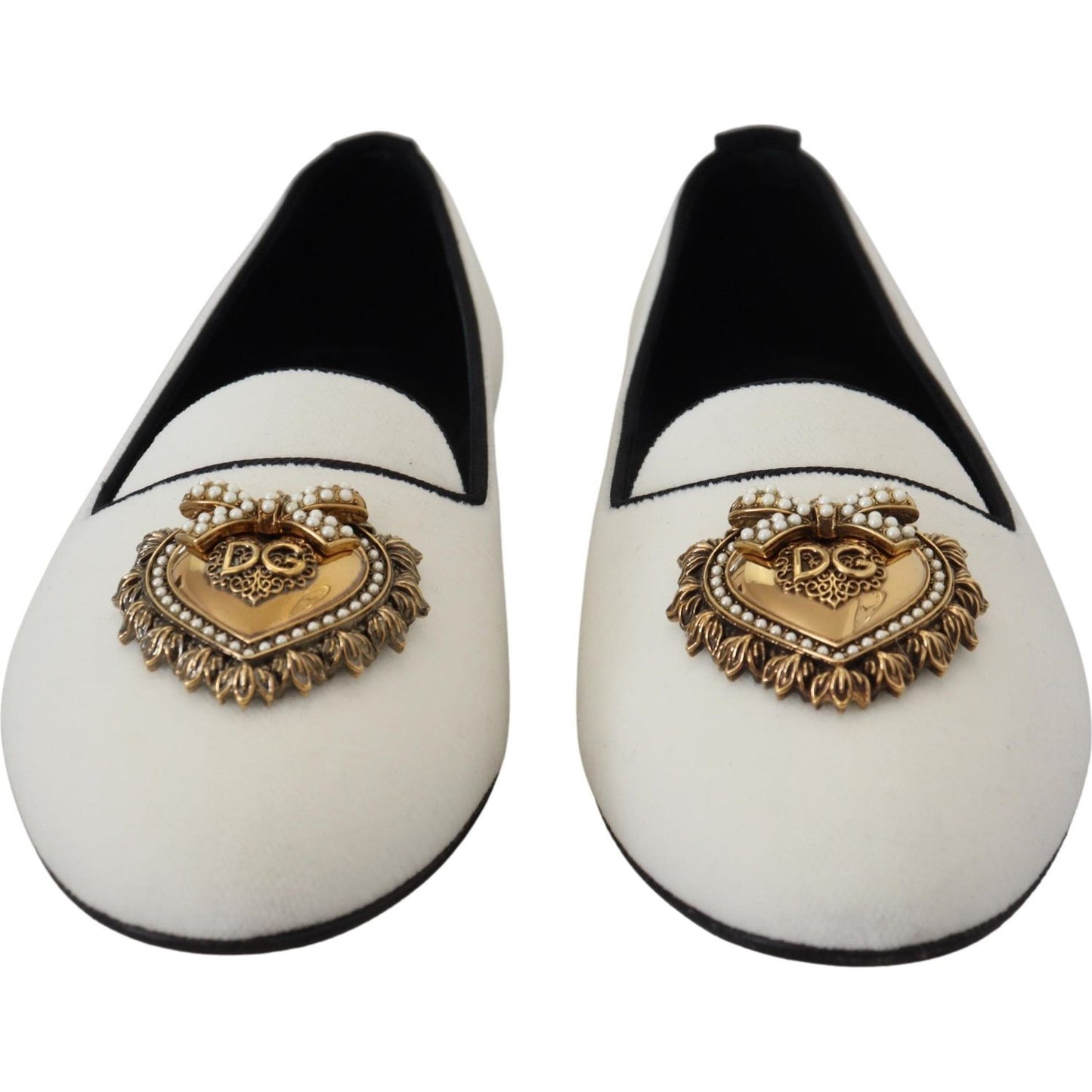 Dolce & Gabbana Elegant White Velvet Loafers with Gold Heart Detail Dolce & Gabbana