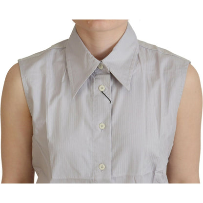 Ferre Light Gray Stripes Cotton Sleeveless Collared Top