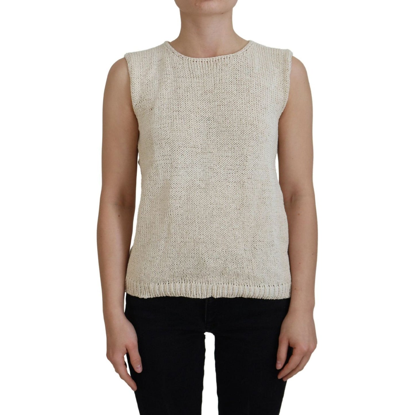PINK MEMORIES Beige Cotton Blend Sleeveless Round Neck Tank Top