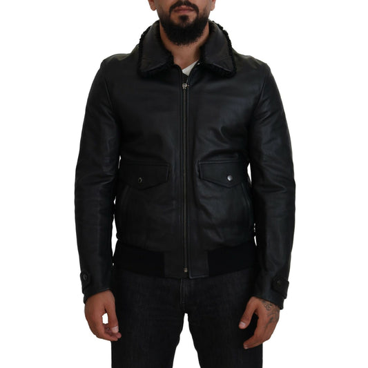 Dolce & Gabbana Black Lamb Leather Collared Men Coat Jacket
