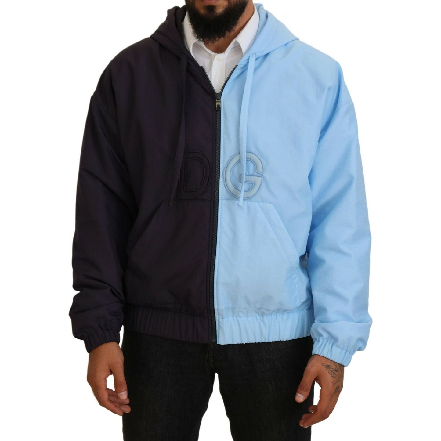 Dolce & Gabbana Black Blue DG Hooded Full Zip Men Jacket