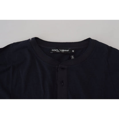 Dolce & Gabbana Blue Cotton Button Crewneck Pullover Sweater