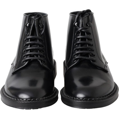 Dolce & Gabbana Black Leather Men Short Boots Lace Up Shoes