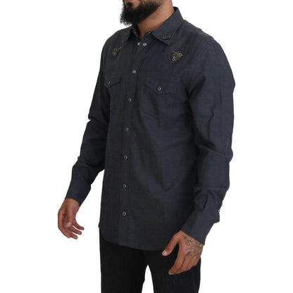 Dolce & Gabbana Blue Cotton Denim Crystal Bee Shirt
