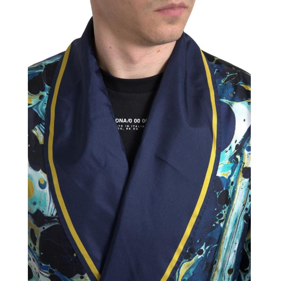 Dolce & Gabbana Marble Blue Silk Long Robe Luxury Sleepwear Dolce & Gabbana