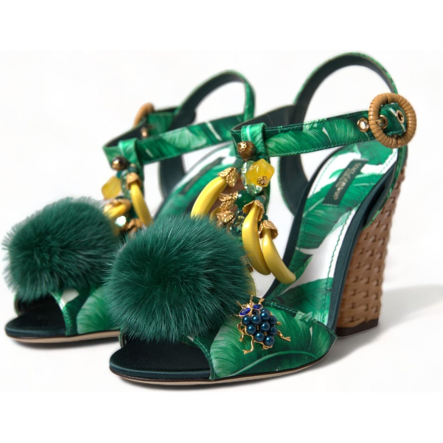 Dolce & Gabbana Green Crystal Mink Fur T-Strap Sandals Dolce & Gabbana