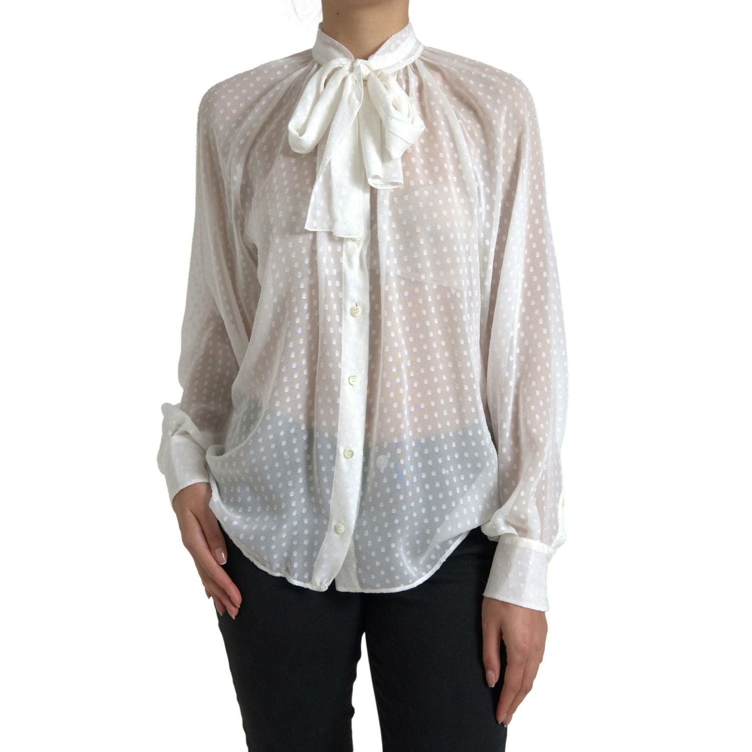 Dolce & Gabbana White Silk Sheer Tied Neck Polka Dots Blouse