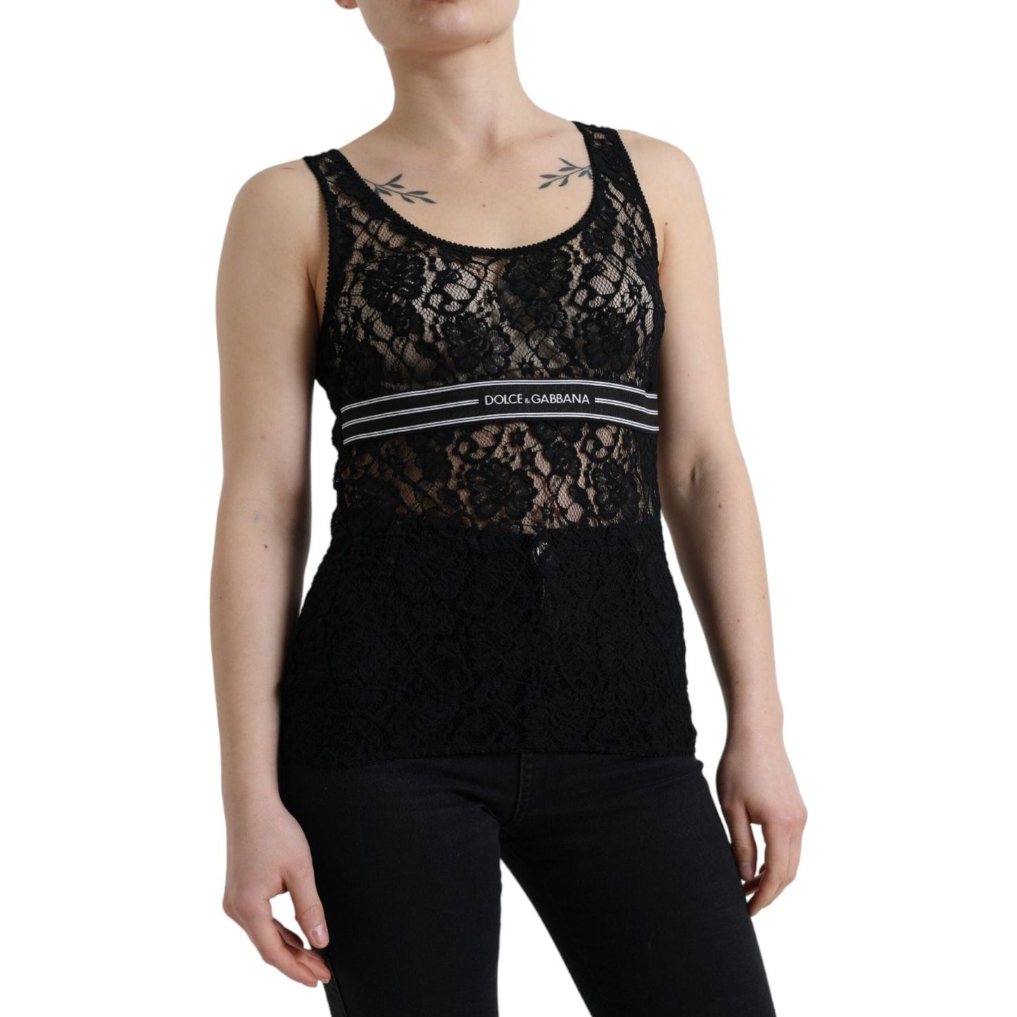 Dolce & Gabbana Elegant Lace Tank Top with Logo Stripe Dolce & Gabbana