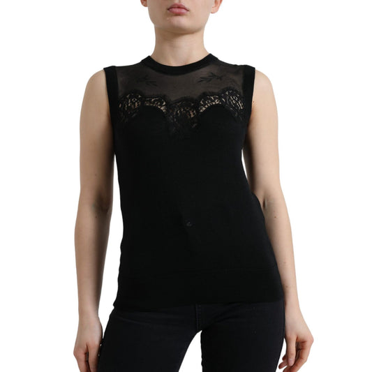 Dolce & Gabbana Black Cashmere Lace Trim Sleeveless Tank Top