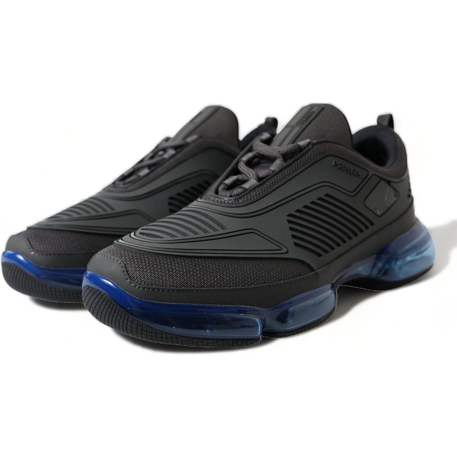 Prada Black Blue Rubber Knit Slip On Low Top Sneakers Shoes