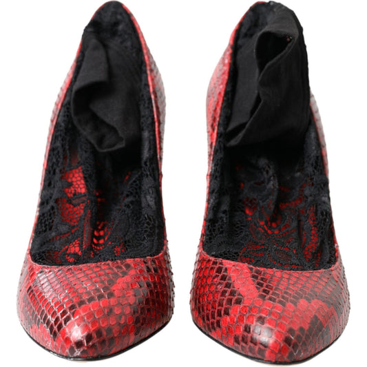 Dolce & Gabbana Red Almond Toe Snakeskin Pumps with Lace Socks Dolce & Gabbana