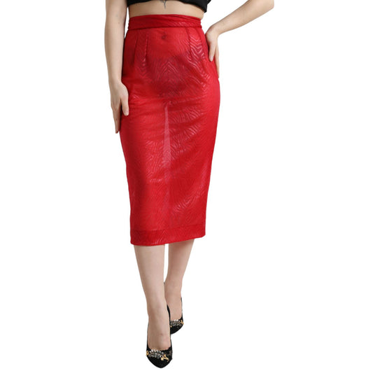 Dolce & Gabbana Red Sheer High Waist Pencil Cut Midi Skirt