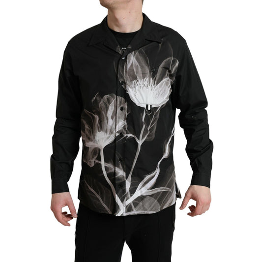 Dolce & Gabbana Black Floral Cotton Collared Long Sleeves Men Shirt