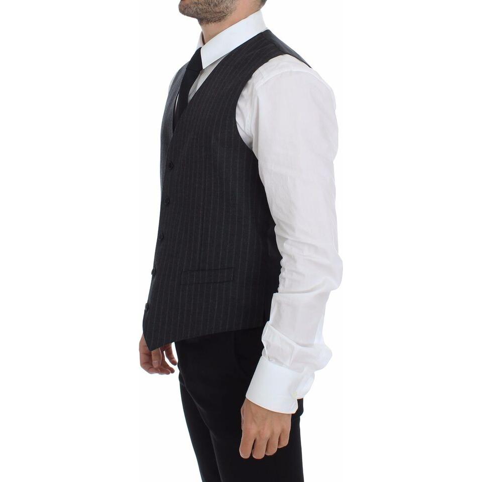 Dolce & Gabbana Gray Striped Wool Logo Vest Gilet Weste