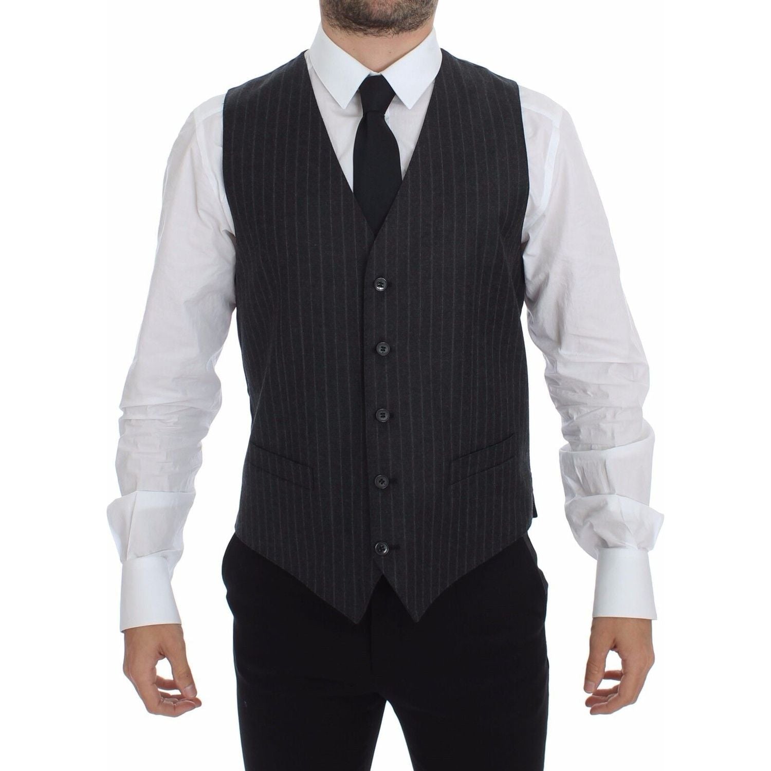Dolce & Gabbana Gray Striped Wool Logo Vest Gilet Weste
