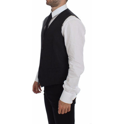 Dolce & Gabbana Gray Striped Wool Logo Vest Gilet Vests