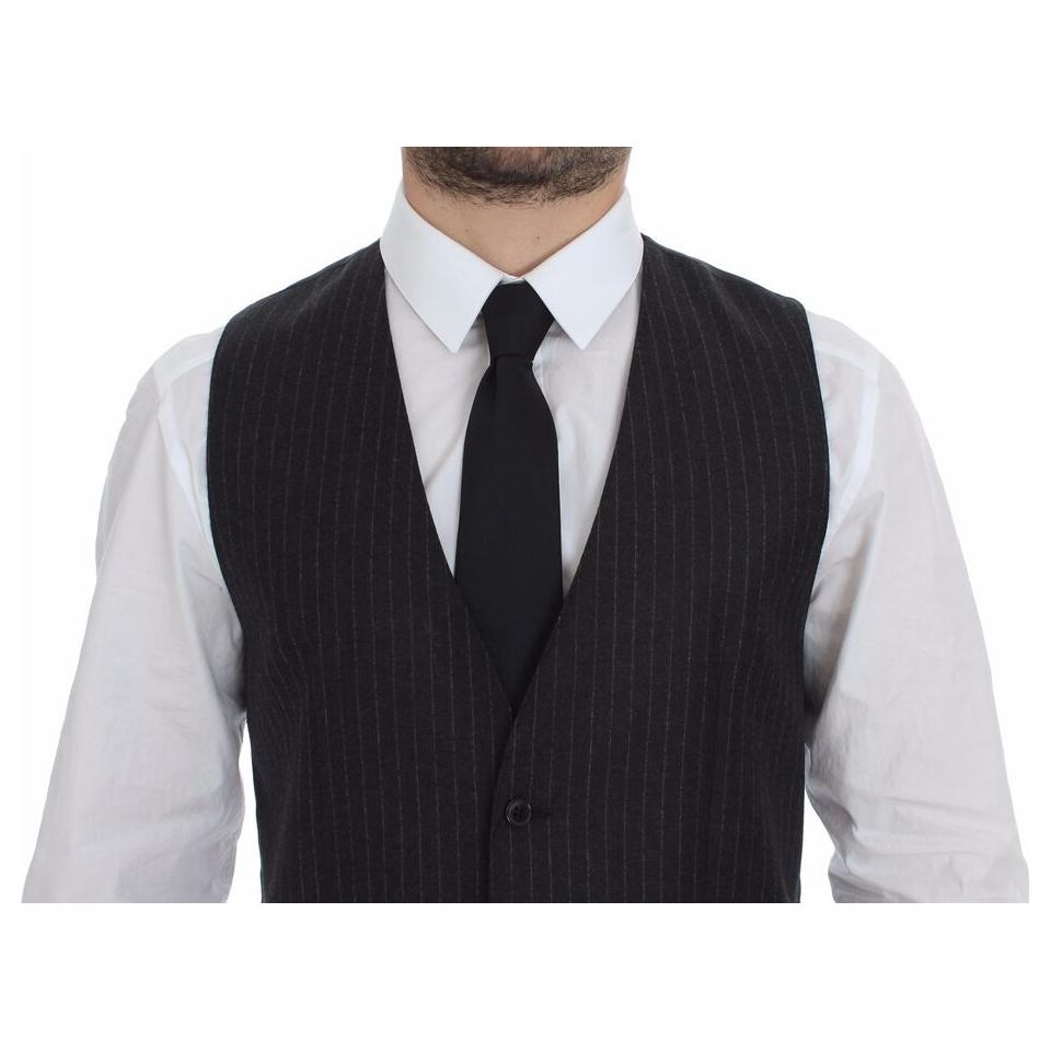 Dolce & Gabbana Gray Striped Wool Logo Vest Gilet Vests