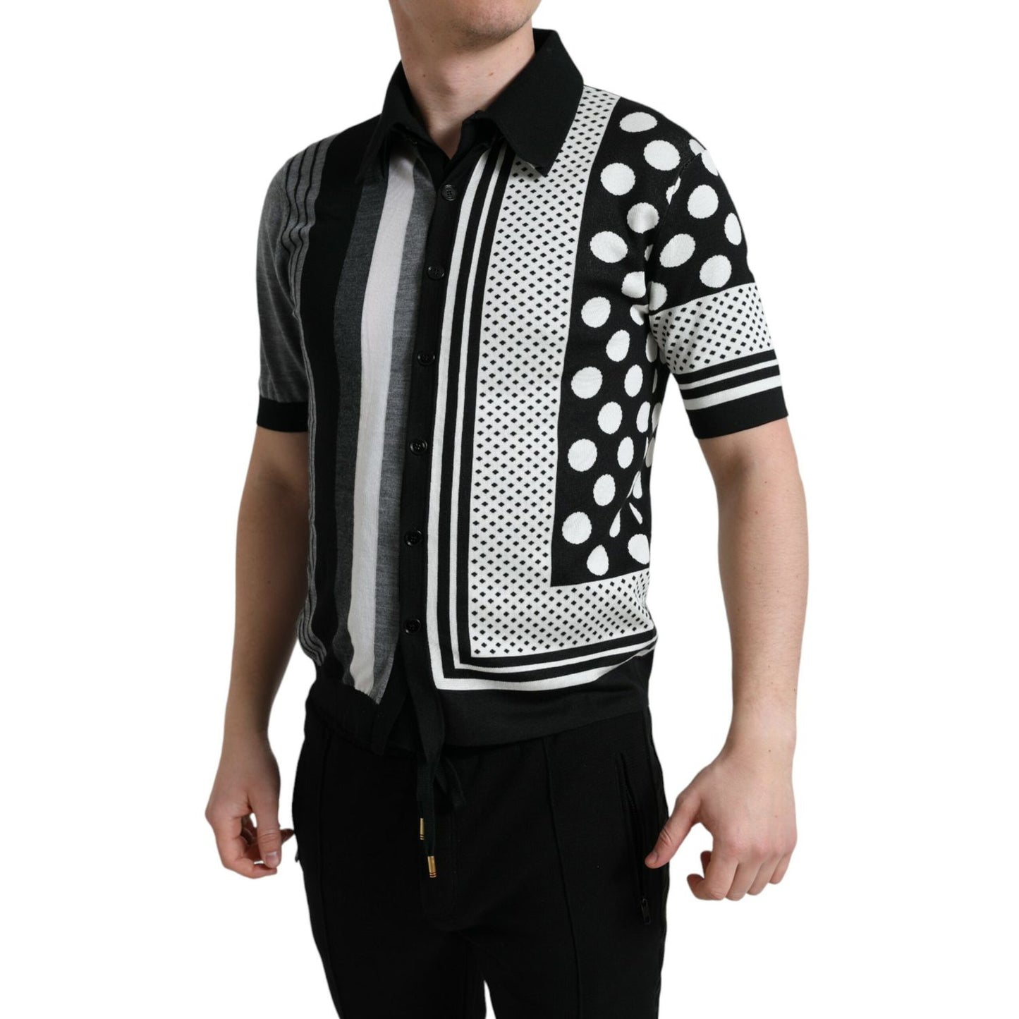 Dolce & Gabbana Black White Jumper Cardigan Polo Sweater