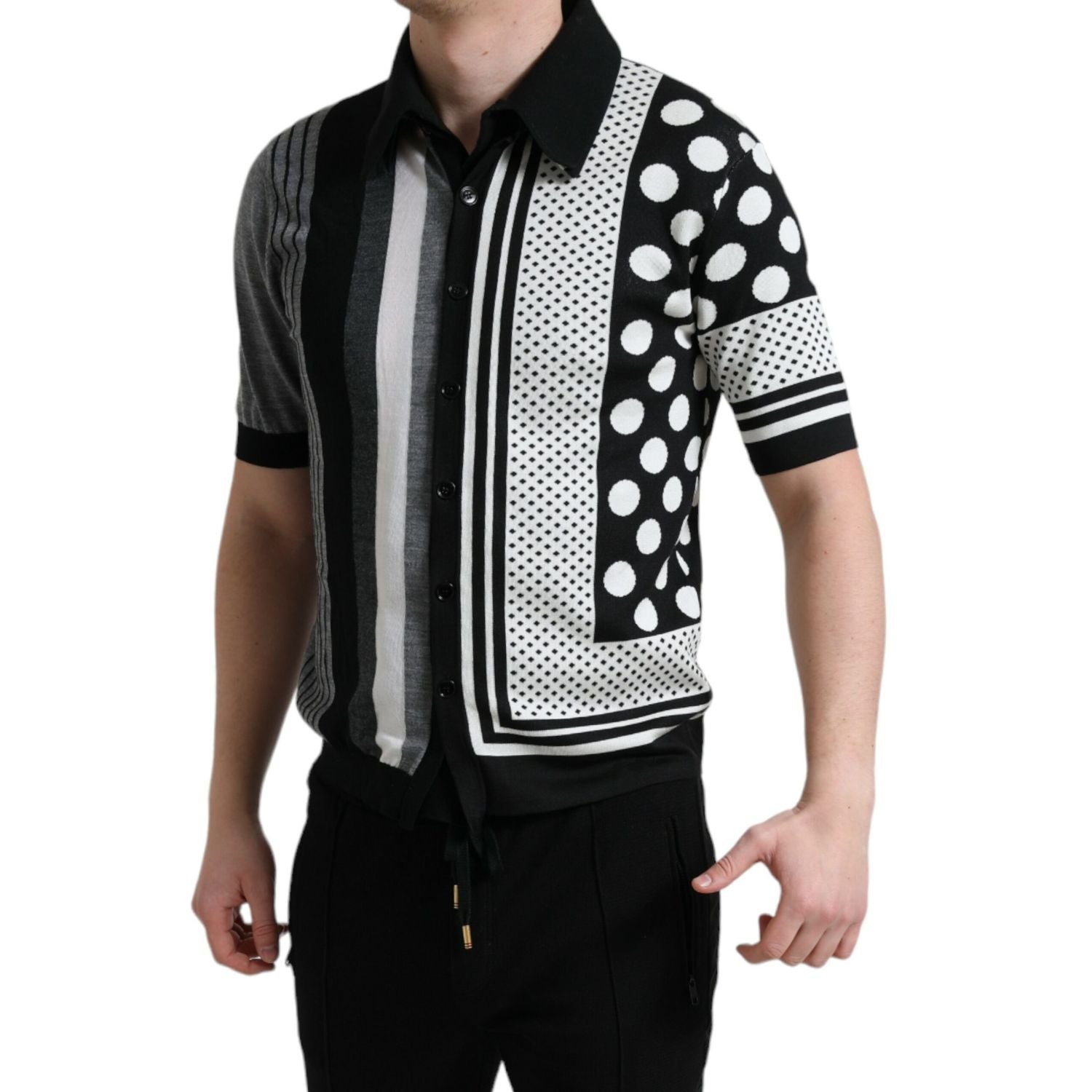 Dolce & Gabbana Black White Jumper Cardigan Polo Sweater