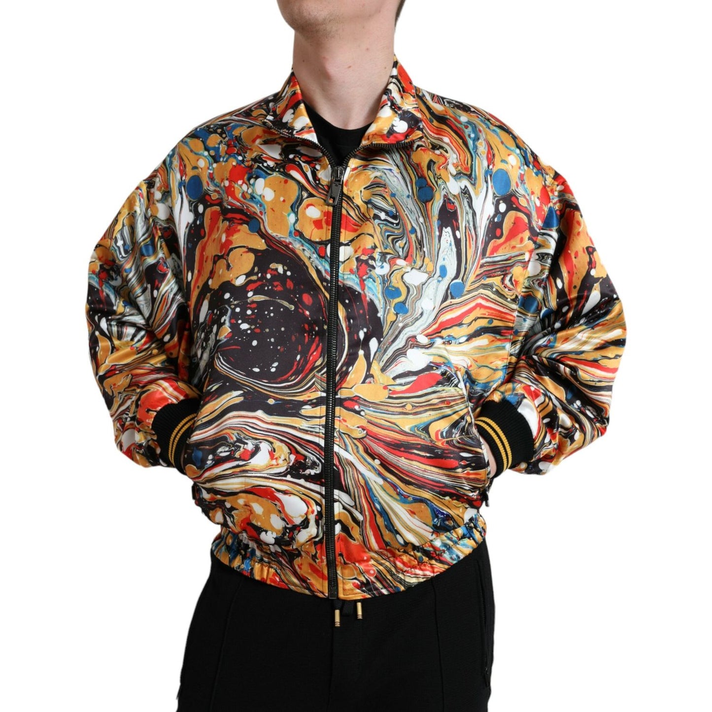 Dolce & Gabbana Multicolor Abstract Polyester Bomber Jacket 1728,67345645728,Bombers - Jackets & Coats - Clothing,Clothing,Dolce & Gabbana,IT50 | L,Jackets & Coats - Clothing,Jackets - Men - Clothing,Material: 100% Polyester,Men,Men - Clothing,Multicolor,