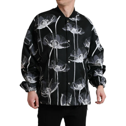 Dolce & Gabbana Black Floral Print Wool Button Down Bomber Jacket 1728,67345645728,Black,Bombers - Jackets & Coats - Clothing,Clothing,Dolce & Gabbana,IT54 | XL,Jackets & Coats - Clothing,Jackets - Men - Clothing,Material: 100% Virgin Wool,Men,Men - Cloth