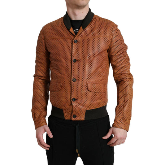 Dolce & Gabbana Brown Lambskin Leather Perforated Jacket 1728,67345645728,Bombers - Jackets & Coats - Clothing,Brown,Clothing,Dolce & Gabbana,IT44 | XS,IT46 | S,IT48 | M,Jackets & Coats - Clothing,Jackets - Men - Clothing,Leather Jackets - Jackets & Coats