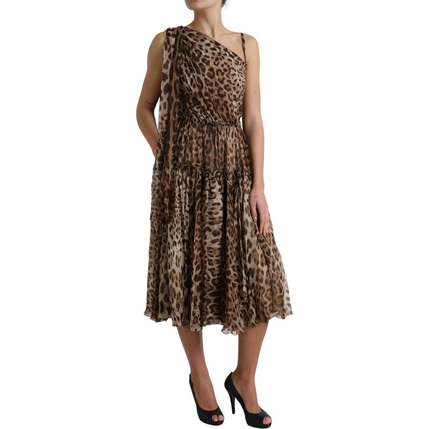 Dolce & Gabbana Elegant One-Shoulder Leopard Midi Dress Dolce & Gabbana