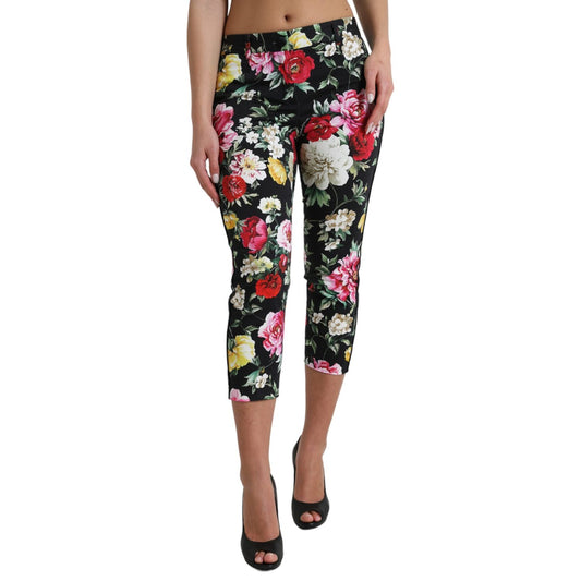 Dolce & Gabbana Black Floral Print Mid Waist Cropped Pants