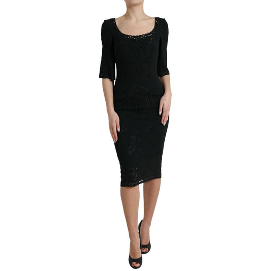 Dolce & Gabbana Black Floral Lace Viscose Bodycon Midi Dress