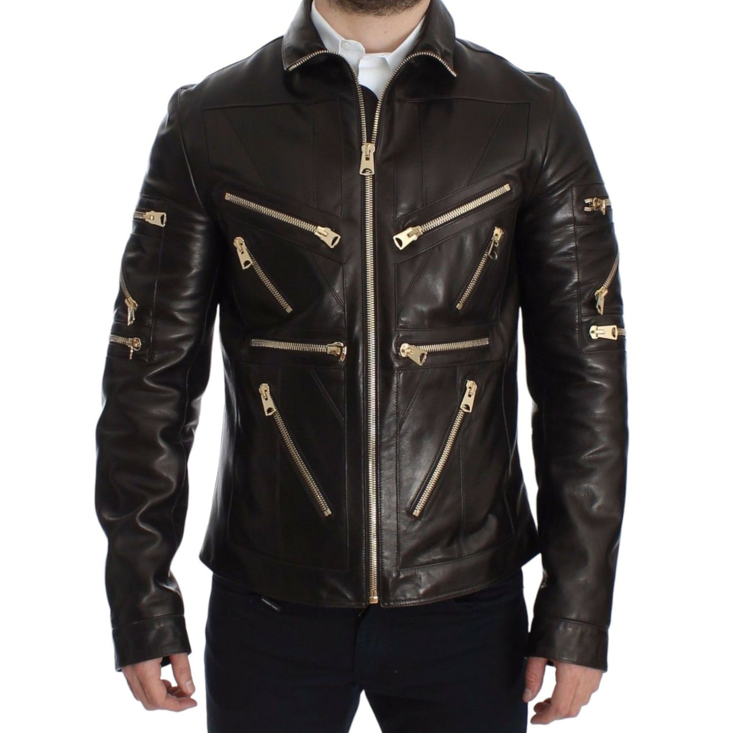Dolce & Gabbana Brown Lambskin Leather Zipper Jacket