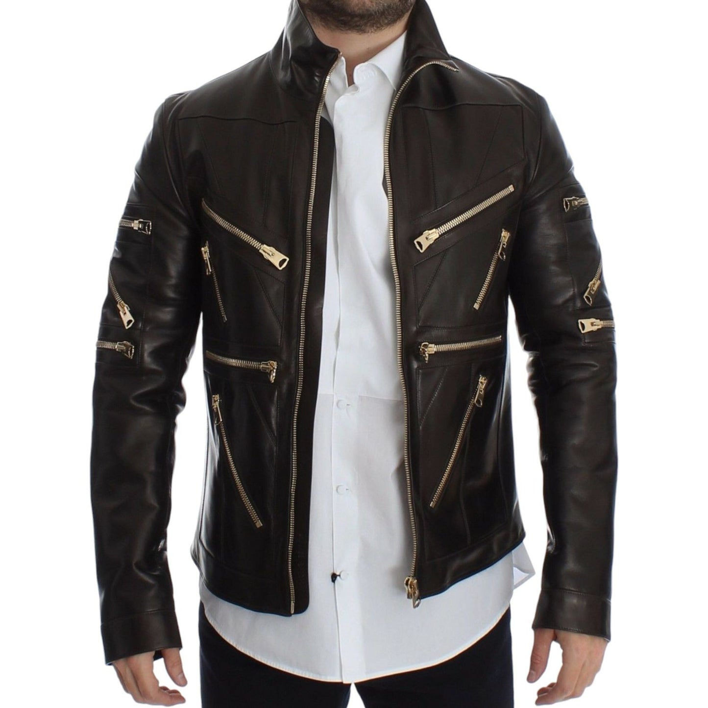 Dolce & Gabbana Elegant Brown Gold-Detailed Leather Jacket Dolce & Gabbana