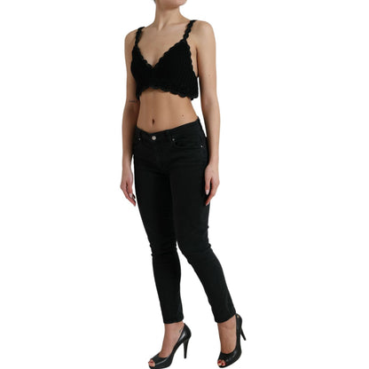 Dolce & Gabbana Black Cotton Bustier Cropped Crochet Tank Top