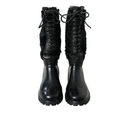 Dolce & Gabbana Black Rubber Lace Up Shearling Rain Boots Shoes