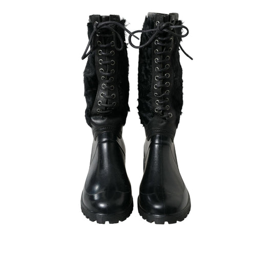 Dolce & Gabbana Black Rubber Lace Up Shearling Rain Boots Shoes