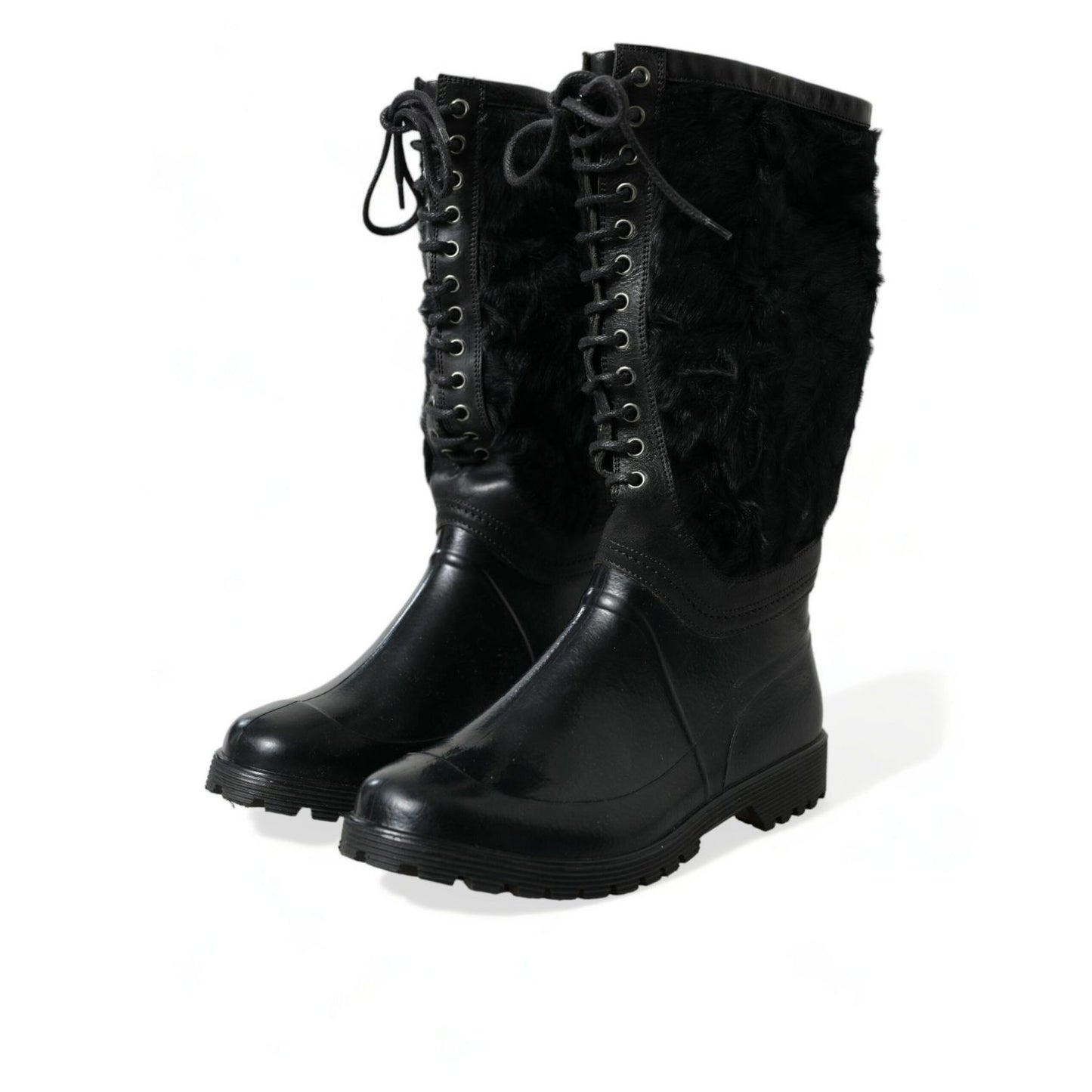 Dolce & Gabbana Black Rubber Lace Up Shearling Rain Boots Shoes