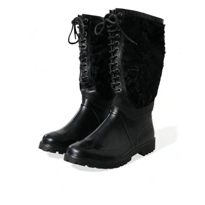 Dolce & Gabbana Black Rubber Lace Up Shearling Rain Boots Shoes