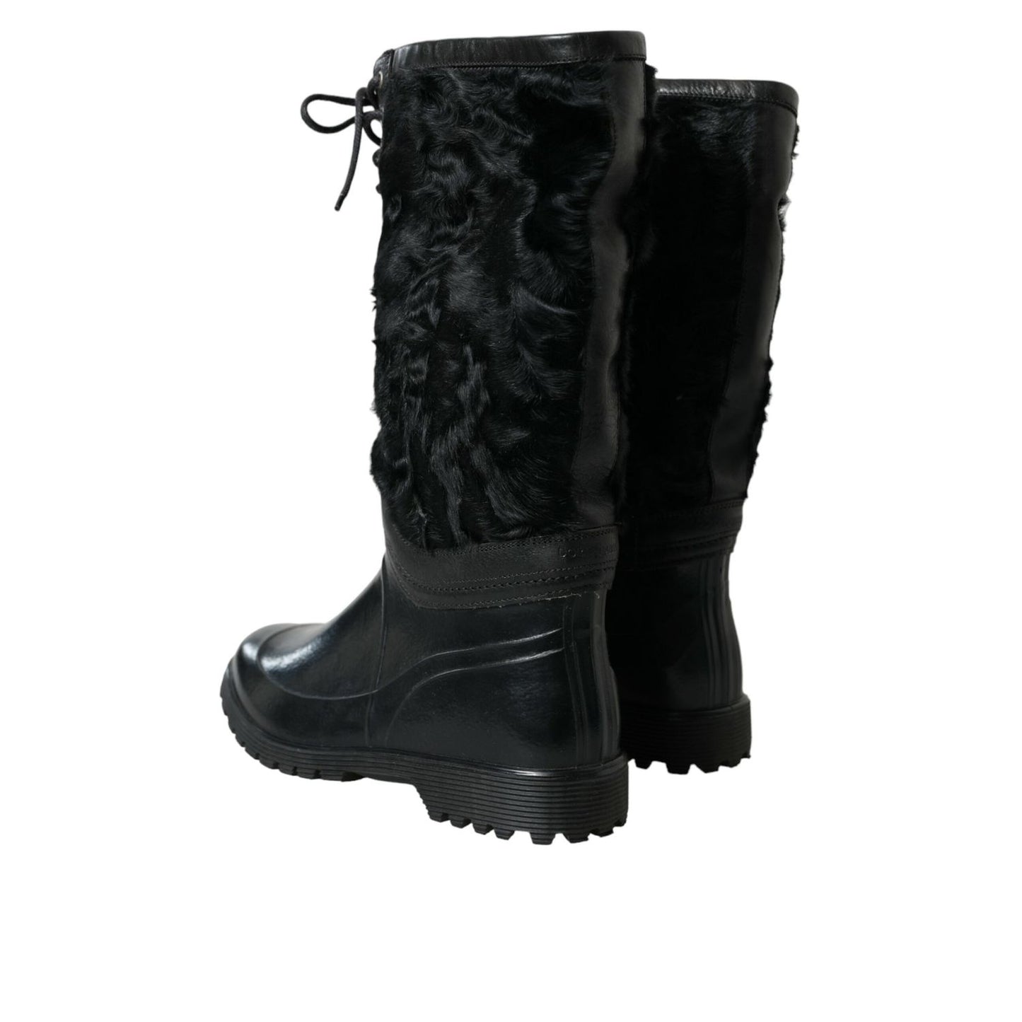 Dolce & Gabbana Black Rubber Lace Up Shearling Rain Boots Shoes