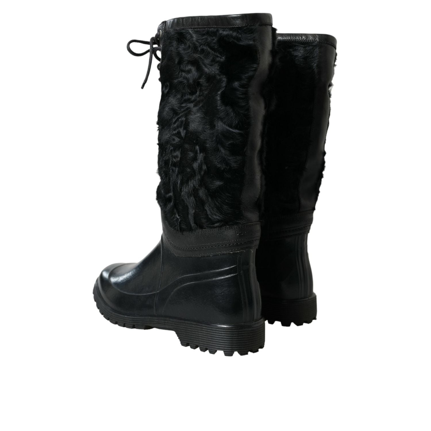 Dolce & Gabbana Black Rubber Lace Up Shearling Rain Boots Shoes