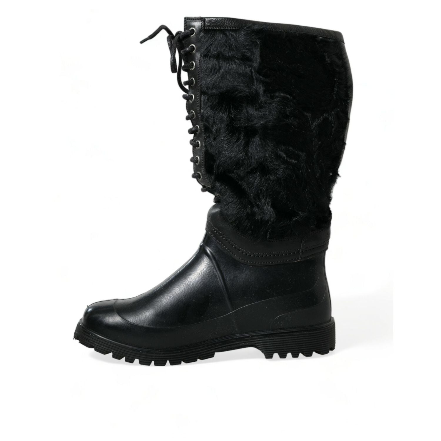 Dolce & Gabbana Black Rubber Lace Up Shearling Rain Boots Shoes