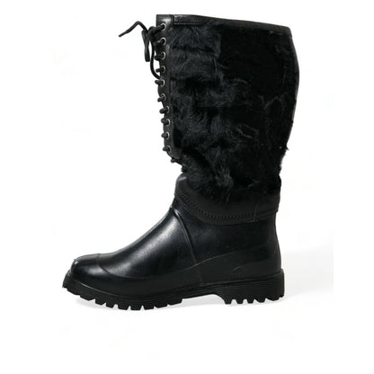 Dolce & Gabbana Black Rubber Lace Up Shearling Rain Boots Shoes