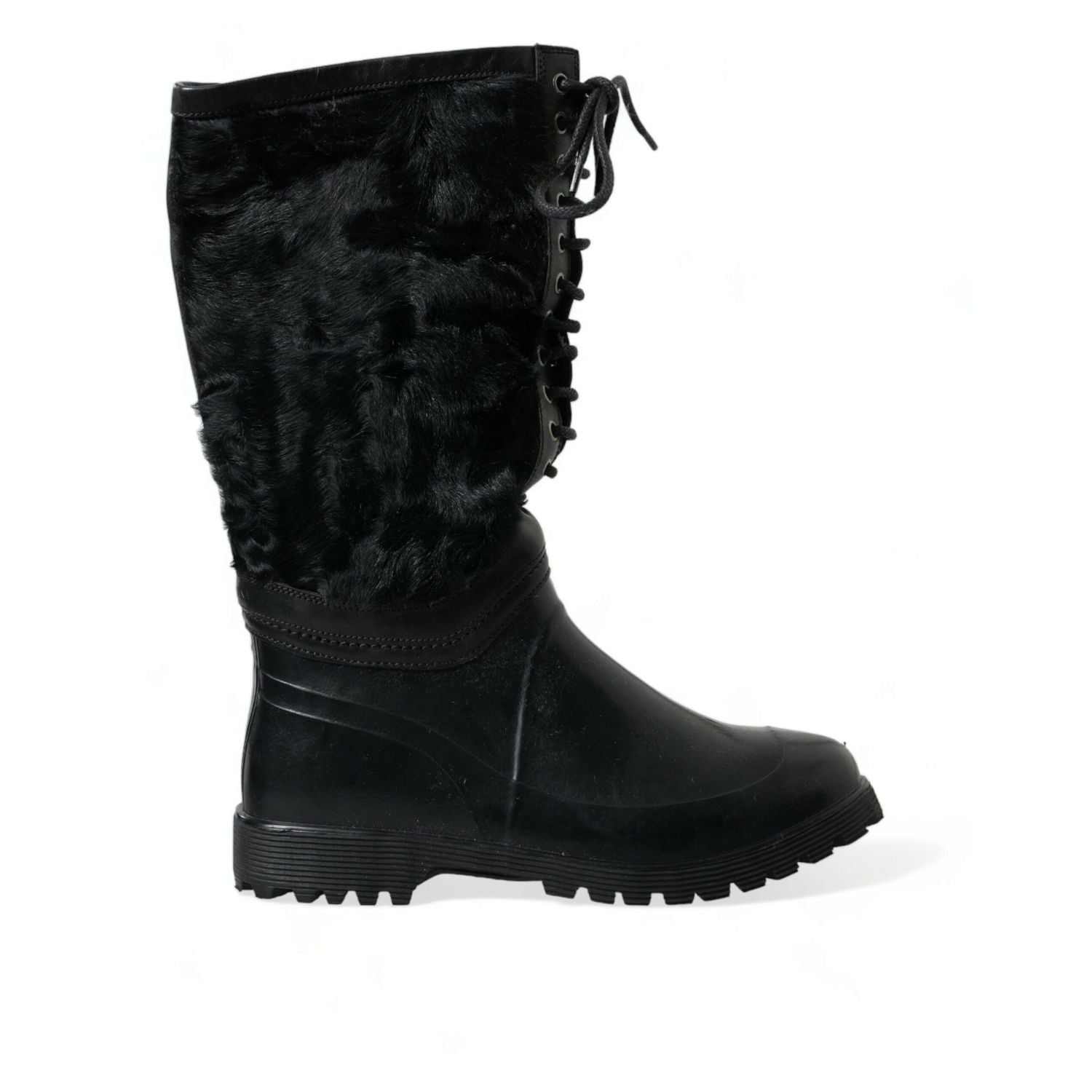 Dolce & Gabbana Black Rubber Lace Up Shearling Rain Boots Shoes