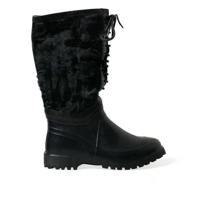Dolce & Gabbana Black Rubber Lace Up Shearling Rain Boots Shoes