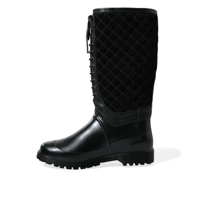 Dolce & Gabbana Black Chioggia Rubber Suede Rain Boots Shoes