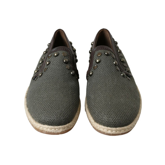 Dolce & Gabbana Gray Linen Leather Studded Loafers Shoes