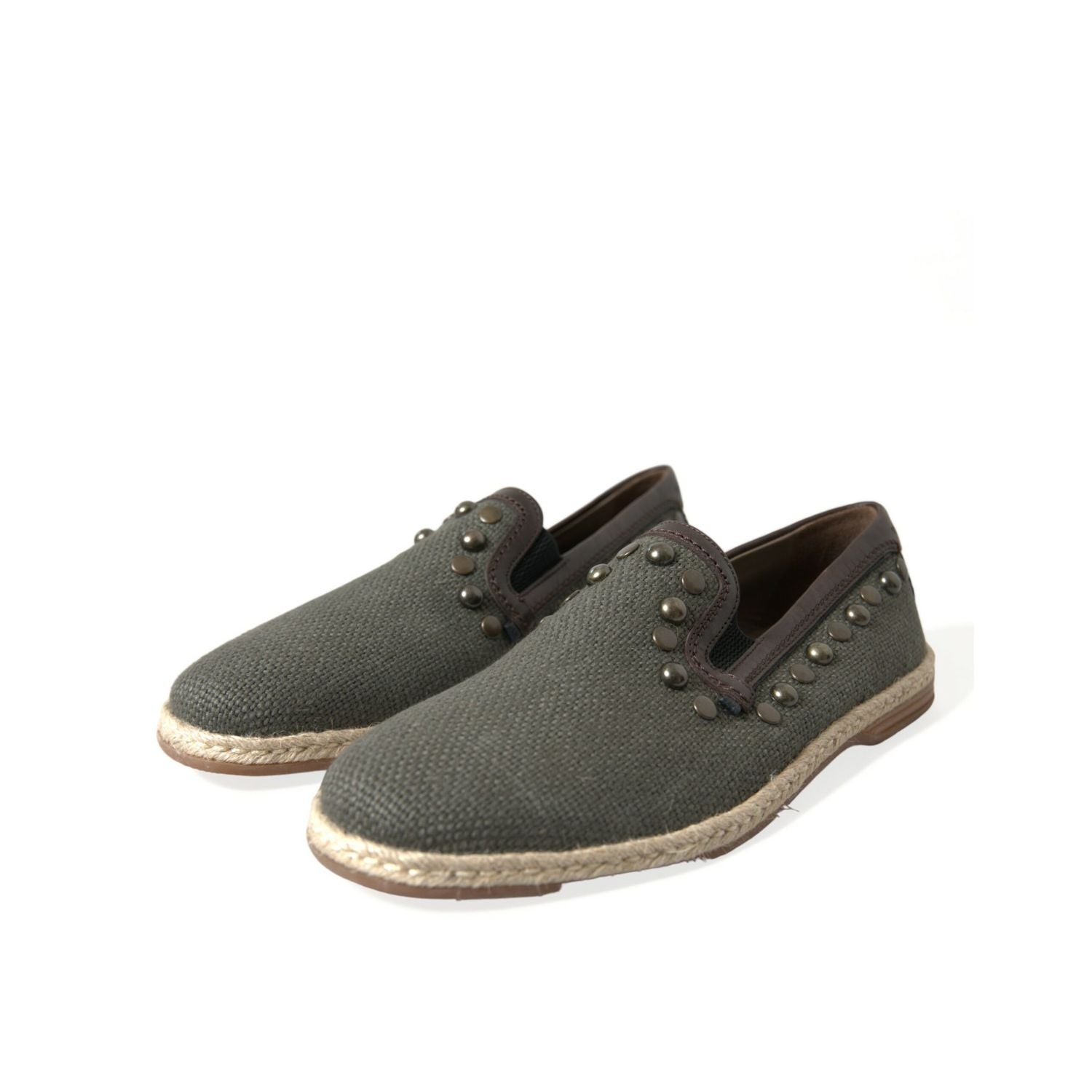Dolce & Gabbana Gray Linen Leather Studded Loafers Shoes