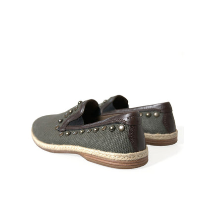 Dolce & Gabbana Gray Linen Leather Studded Loafers Shoes