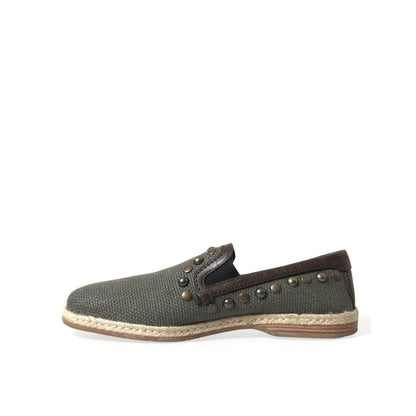 Dolce & Gabbana Gray Linen Leather Studded Loafers Shoes