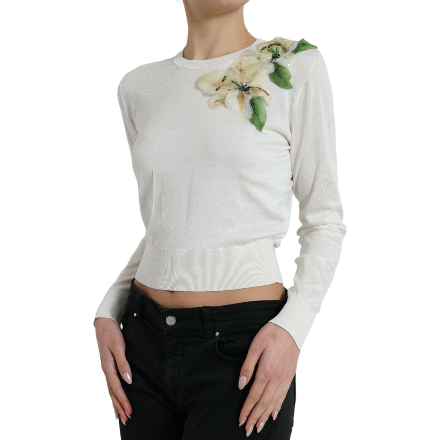 Dolce & Gabbana Silk Floral Applique Pullover Sweater Dolce & Gabbana